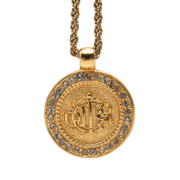 Dior Jewelry - Pre-Loved Dior Gold Plated Rhinestone Logo Medallion Pendant Necklace